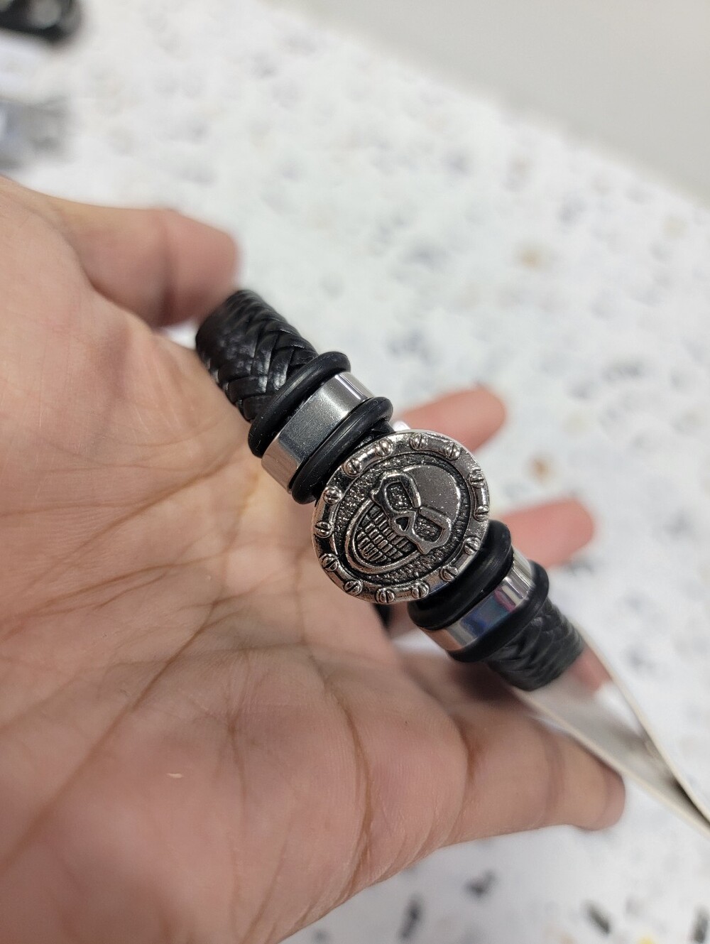Men's Black Braided Leather Skull Bead Bracelet
